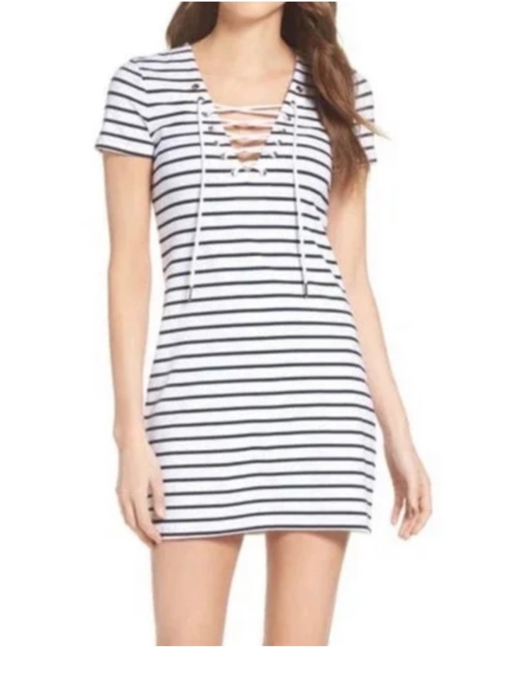 BARDOT Black & White Stripe Lace Up Neck Nautical Tee Shirt Dress
